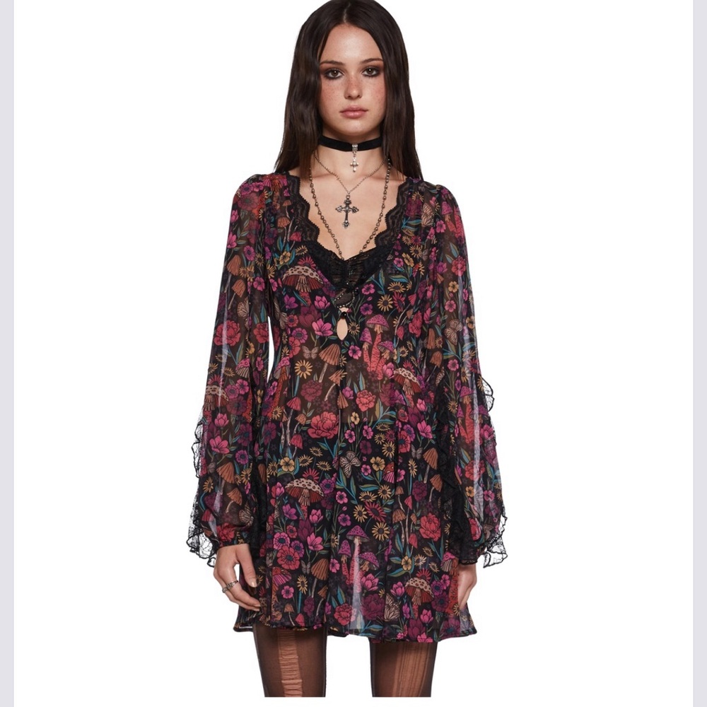 Current Mood Black and Pink Floral Long Sleeve Dress